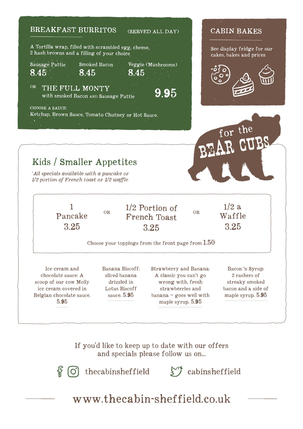 Menu The Cabin pancake, waffle and coffee house, artisan gifts and